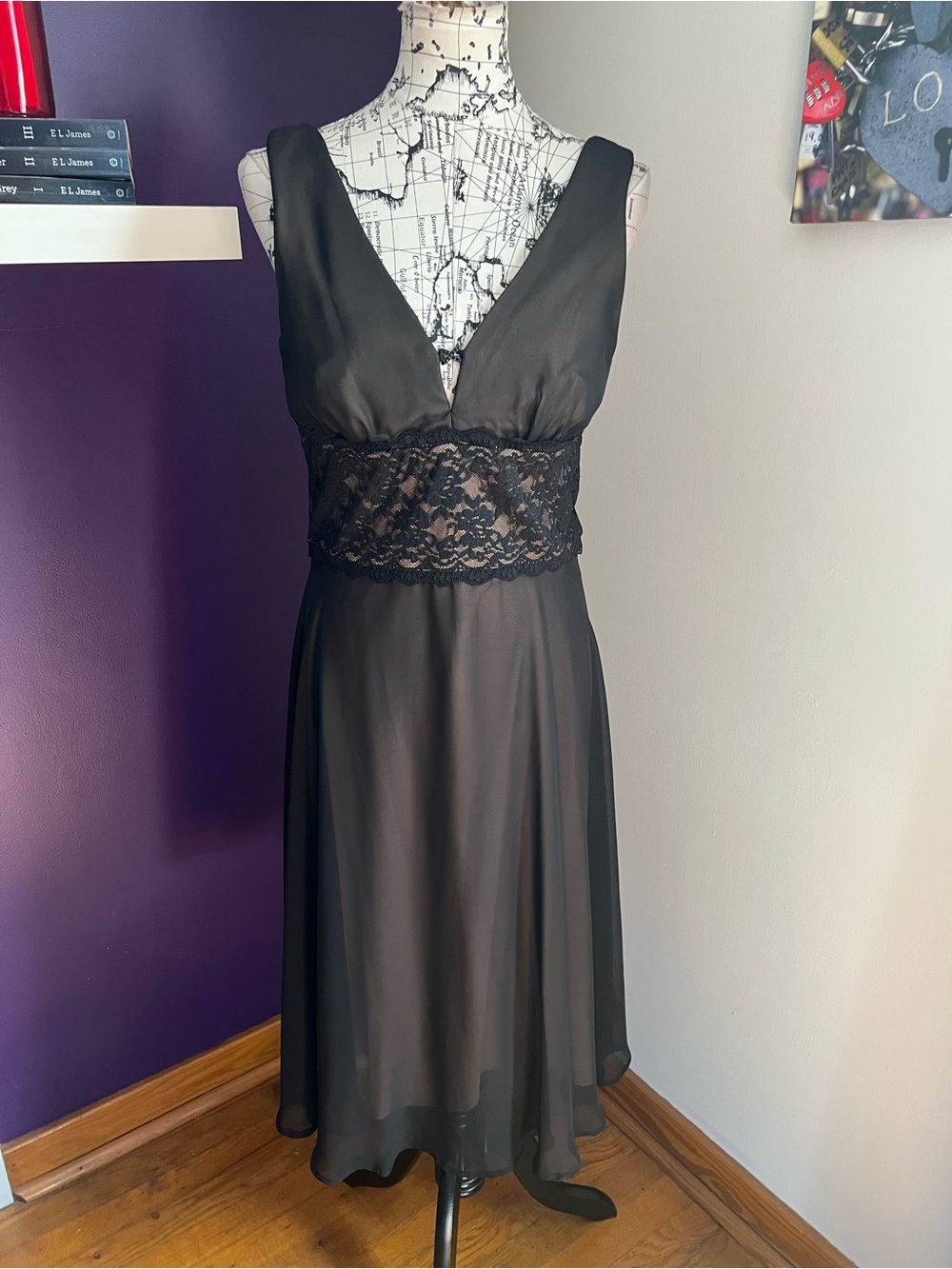 connected apparel Beige Lined Black Lace Waist Dress